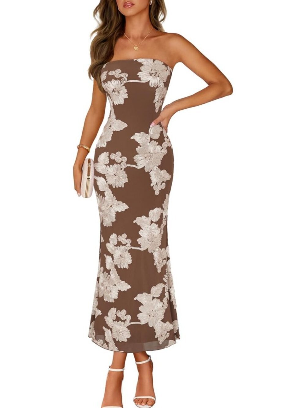 Women's Floral Strapless Maxi Dress Brown Summer Mesh Bodycon Formal Dress